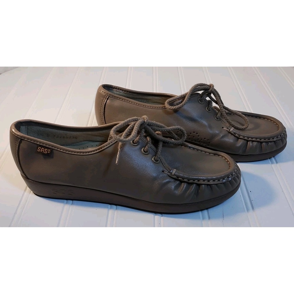 SAS Siesta Beige Leather Moc Toe Casual Pinch Toe Lace Up Shoes Women's 7.5 M
